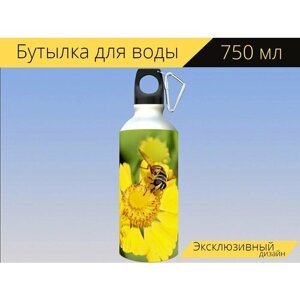 Бутылка фляга для воды "Цветок, желтого цвета, растения" 750 мл. с карабином и принтом