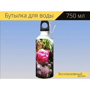Бутылка фляга для воды "Цветы, букет, цветочная композиция" 750 мл. с карабином и принтом