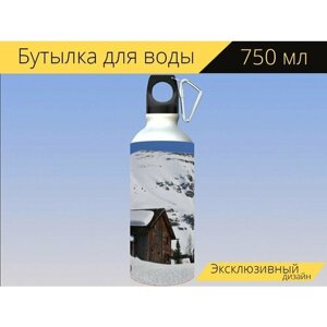 Бутылка фляга для воды "Деревянный домик, вершины, снег" 750 мл. с карабином и принтом