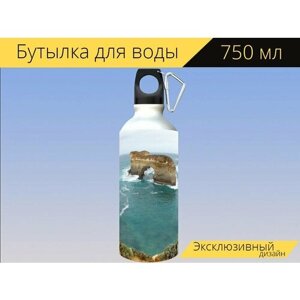 Бутылка фляга для воды "Дом у моря, океан, волны" 750 мл. с карабином и принтом