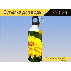 Бутылка фляга для воды "Глаз девушки, цветок, желтый" 750 мл. с карабином и принтом