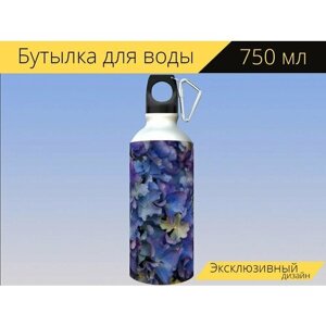 Бутылка фляга для воды "Гортензия, фиолетовый, сирень" 750 мл. с карабином и принтом