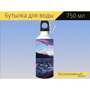 Бутылка фляга для воды "Исландия, пейзаж, вода" 750 мл. с карабином и принтом