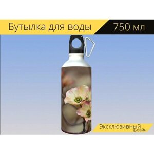 Бутылка фляга для воды "Кизил, цветы, филиал" 750 мл. с карабином и принтом