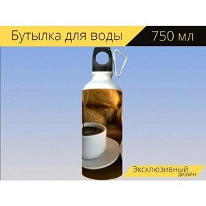 Бутылка фляга для воды "Кофе, завтрак, чашка" 750 мл. с карабином и принтом