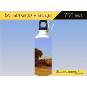 Бутылка фляга для воды "Кукурузное поле, кукурузные поля, деревья" 750 мл. с карабином и принтом
