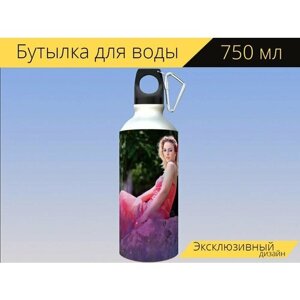 Бутылка фляга для воды "Лицо, платье, лаванда" 750 мл. с карабином и принтом