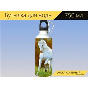 Бутылка фляга для воды "Лошадь, белая лошадь, природа" 750 мл. с карабином и принтом