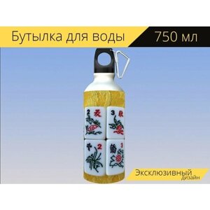 Бутылка фляга для воды "Маджонг, плитка, китайский язык" 750 мл. с карабином и принтом