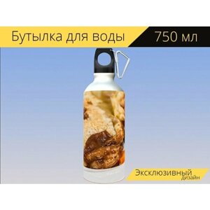 Бутылка фляга для воды "Мясной пирог, пирог, слоеное тесто" 750 мл. с карабином и принтом