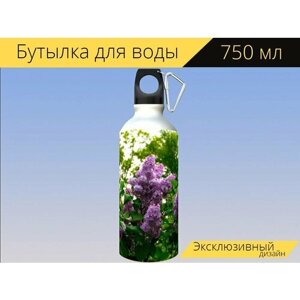 Бутылка фляга для воды "Сирень, цвести, цветок" 750 мл. с карабином и принтом