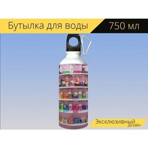 Бутылка фляга для воды "Сладости, конфеты, магазин сладостей" 750 мл. с карабином и принтом