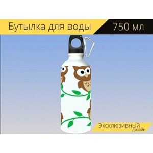 Бутылка фляга для воды "Сова, совы, мультфильм" 750 мл. с карабином и принтом