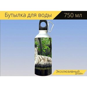 Бутылка фляга для воды "Тигр, белый тигр, кошка" 750 мл. с карабином и принтом