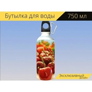 Бутылка фляга для воды "Вишня, фрукты, красный" 750 мл. с карабином и принтом