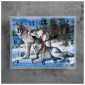 Часы настенные, серия: Животный мир, "Волки в Зимнем Лесу", 20х25 см