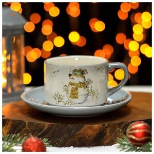 Чайная пара Доляна «Рождественский снеговик», 2 предмета: чашка 210 мл, блюдце d=15 см