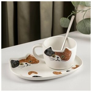 Чайная пара керамическая «Котик», 3 предмета: чашка 200 мл, блюдце 18,513,5 см, ложка