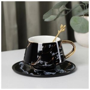 Чайная пара керамическая с ложкой Gold, 2 предмета: чашка 240 мл, блюдце d=14,8 см, цвет чёрный