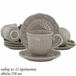 Чайный набор на 6 персон 12 предметов 6 шт чашек и блюдец 250 мл Бавария Серый в подарочной упаковке Керамика Lenardi