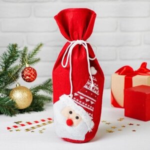 Чехол на бутылку "Дед Мороз в вязаной шапочке" на завязках