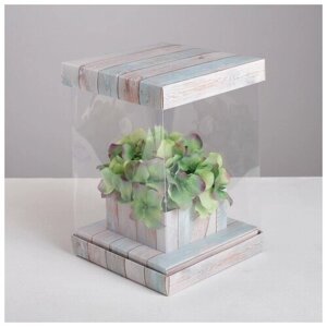 Дарите Счастье Коробка подарочная для цветов с вазой и PVC окнами складная, упаковка, «Счастье», 16 х 23 х 16 см