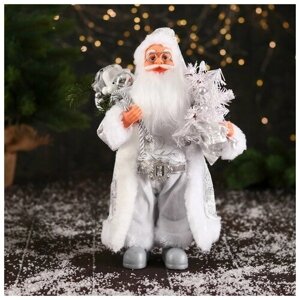 Дед Мороз "В высоком колпачке, в ремешке и с мешком" 30 см, серебристо-белый