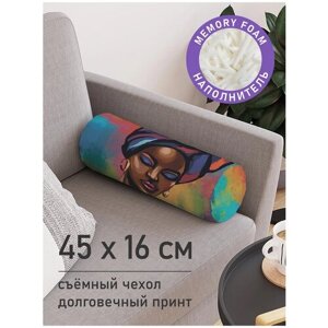 Декоративная подушка валик JoyArty "Колоритная африканка" на молнии, 45 см, диаметр 16 см