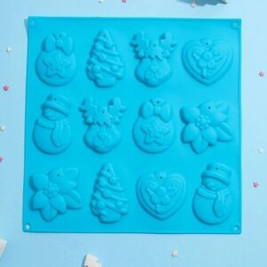 Доляна Форма для украшений 3D Доляна «Ёлочные игрушки», силикон, 3030 см, 12 ячеек, цвет синий