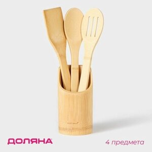 Доляна Набор кухонных принадлежностей Доляна «Бамбуковый лес», 5 предметов на подставке: 1 лопатка, 2 ложки