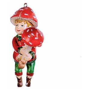 Елочная игрушка эльф- мухоморчик с грибом в руках, полистоун, 10 см, подвеска, Goodwill D46135-2