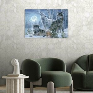 Картина на холсте 40x60 Альянс Лес "Волки в ночном зимнем лесу" на подрамнике / интерьер/ декор