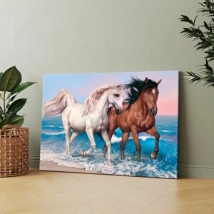 Картина на холсте (Две лошади бегут по пляжу) 60x80 см. Интерьерная, на стену.