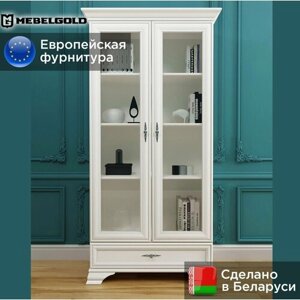 Кентаки Шкаф с витриной, в гостиную, для посуды, белорусский, классический, S320-REG2W1S белый МебельГолд