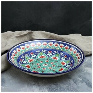 Ляган круглый, 33см, узор зелёный цветок, блюдо из керамики, узбекская посуда, тарелки для сервировки
