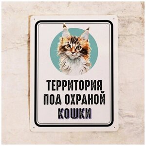 Металлическая табличка на забор Территория под охраной кошки Мейн Куна , идея подарка кошатнику , металл, 15х22,5 см
