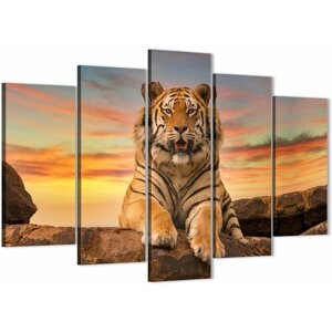 Модульная картина на натуральном холсте для интерьера на стену Тигр на закате/ Природа / Животные 80х140см MD0225