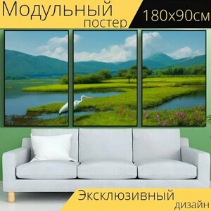Модульный постер "Пейзаж с аистом фото, " 180 x 90 см. для интерьера на стену