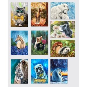 Набор авторских открыток "Животные", 10.5х15 см, 10 шт, на подарок и в коллекцию, InspirationTime