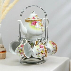 Набор чайный керамический на металлической подставке Доляна «Садовый дворик», 13 предметов: 6 чашек 200 мл, 6 блюдец d=14,1 см, чайник 1 л ㅤ