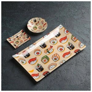 Набор для суши из стекла Доляна «Сет», 3 предмета: соусники 82 см, 86 см, подставка 2515 см