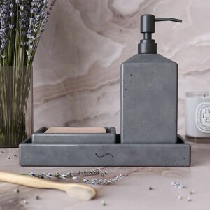 Набор для ванной комнаты Emily 5 (поднос, мыльница, дозатор для жидкого мыла с черной помпой), бетон, графитовый глянцевый