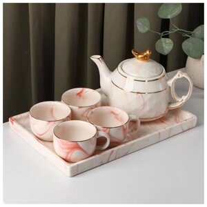 Набор керамический чайный «Мрамор», 6 предметов: чайник 800 мл, 4 кружки 170 мл, поднос 3121 см, цвет розовый