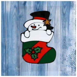 Наклейка на стекло "Снеговик в новогоднем носке" 9х15 см