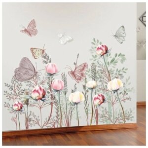 Наклейка пластик интерьерная цветная "Летний луг с бабочками" набор 2 листа 30х90 см