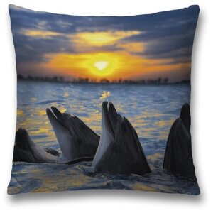 Наволочка декоративная на молнии, чехол на подушку JoyArty "Дельфины на рассвете" 45х45 см