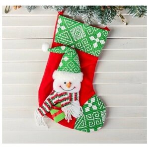 Носок для подарков "Подарочек" 18,5*26 см, снеговик зелёный (1 шт.)
