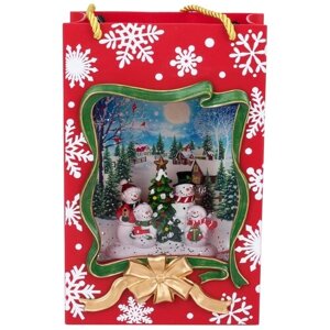 Новогодний сувенир-Подарочный пакет"Семья снеговиков под ёлкой, музыкальный LED, USB, 3*АА, 15*23 см
