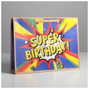 Пакет крафтовый горизонтальный Super birthday, L 40 31 11.5 см