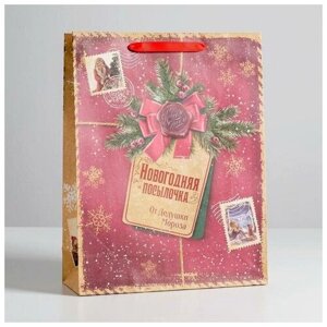 Пакет крафтовый вертикальный "Новогодняя посылочка от Дедушки Мороза", L 31x40x9 см